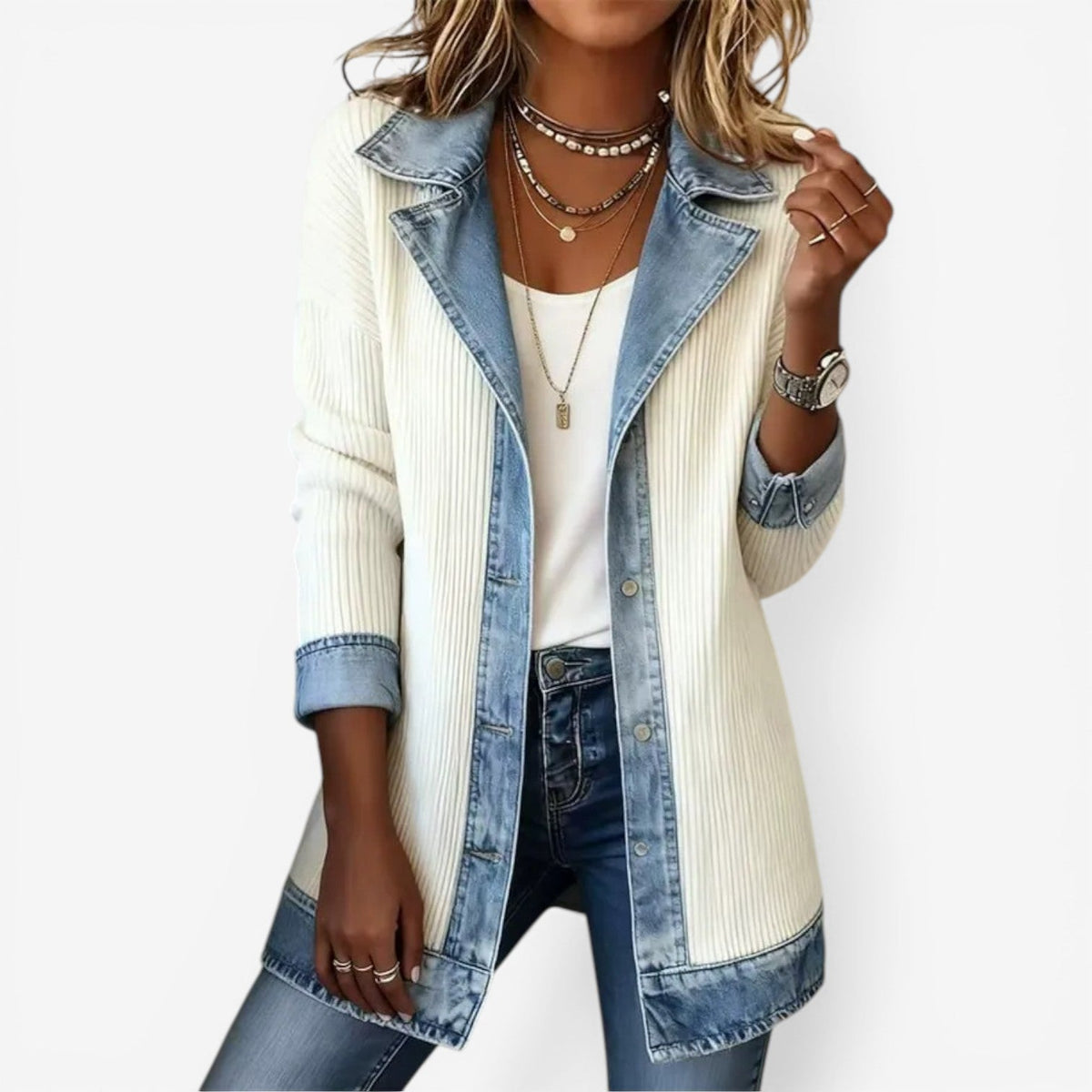 Layered Collar Button Jacket — Mixed Knit & Denim Style 1