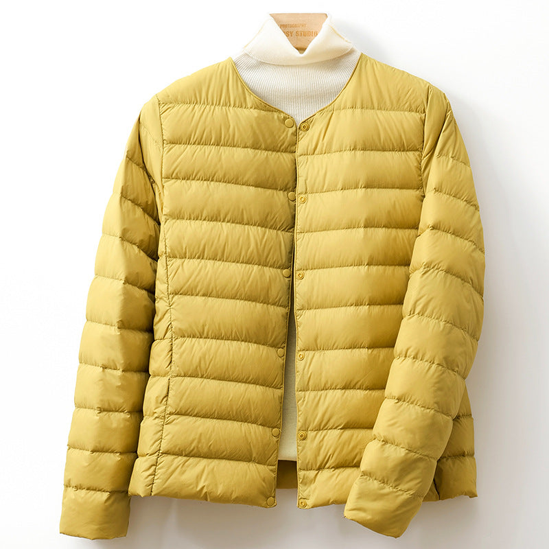 Lightweight Down Puff Jacket — Collarless Snap-Button Coat 1