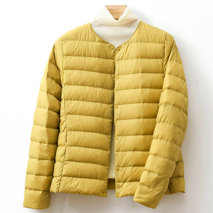 Lightweight Down Puff Jacket — Collarless Snap-Button Coat 1