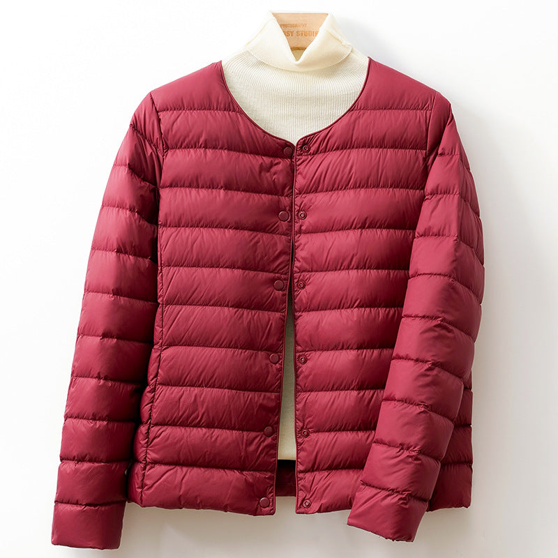 Lightweight Down Puff Jacket — Collarless Snap-Button Coat 7