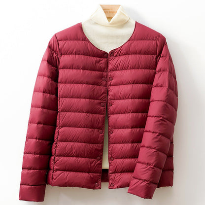 Lightweight Down Puff Jacket — Collarless Snap-Button Coat 7