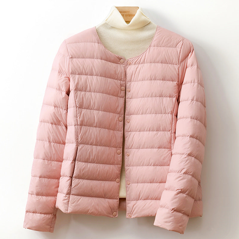 Lightweight Down Puff Jacket — Collarless Snap-Button Coat 8