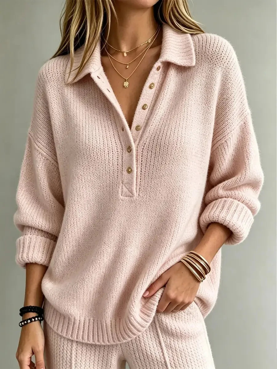 Button Neck Polo Sweater — Ribbed Dropped Shoulder Knit 6