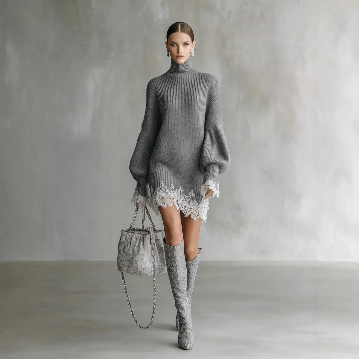 Turtleneck Lace Sweater Dress — Balloon Sleeves A-Line Mini 1