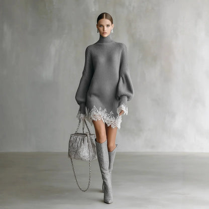 Turtleneck Lace Sweater Dress — Balloon Sleeves A-Line Mini 1
