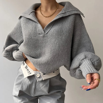 Ribbed Knit Sweater — Foldover Collar & Split Neckline 11