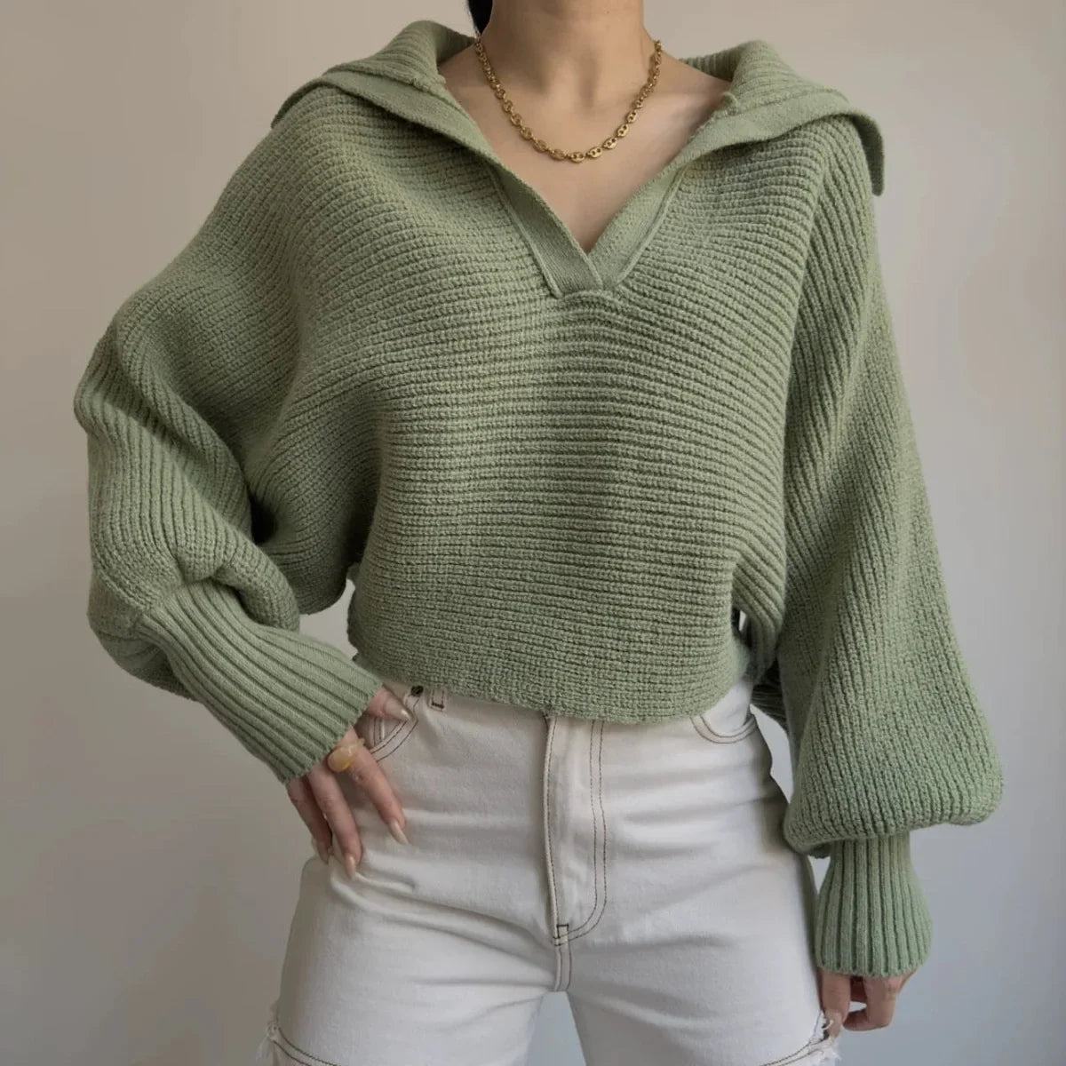Ribbed Knit Sweater — Foldover Collar & Split Neckline 9