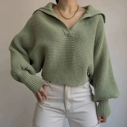 Ribbed Knit Sweater — Foldover Collar & Split Neckline 9
