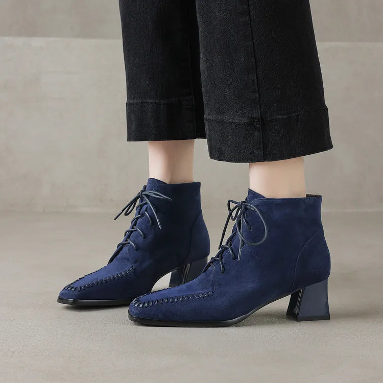 Suede Lace-Up Ankle Boot — Square Toe Low Block Heel 1