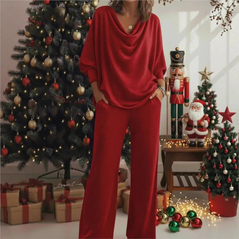 Cowl Neck Knit Two-Piece Set — Batwing Wide Leg Pants 1
