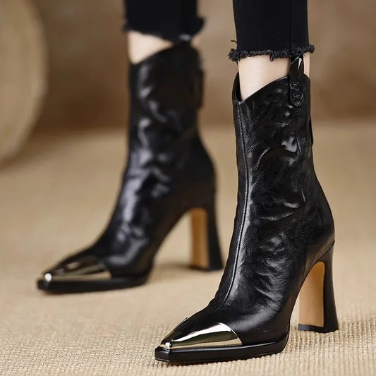 Pointed-Toe Ankle Boots with Block Heel & Metal Cap Toe 1