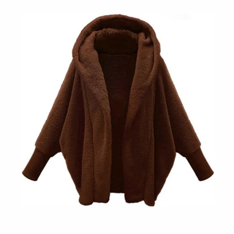 Open Front Fleece Coat — Oversized Hooded Batwing Women 4