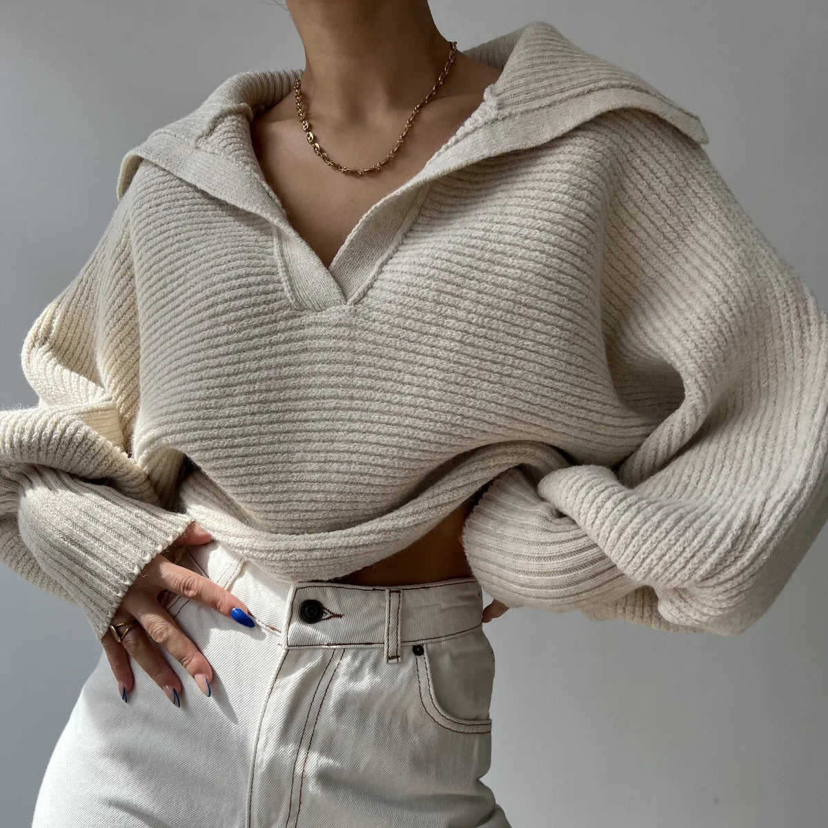 Ribbed Knit Sweater — Foldover Collar & Split Neckline 4