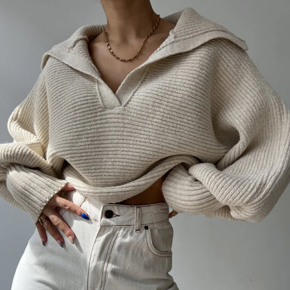 Ribbed Knit Sweater — Foldover Collar & Split Neckline 4