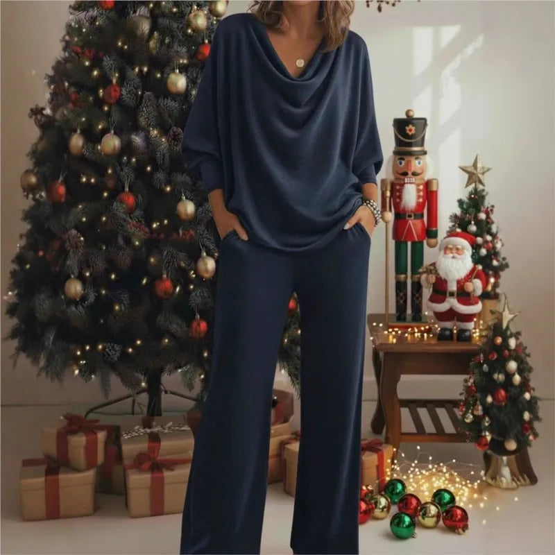 Cowl Neck Knit Two-Piece Set — Batwing Wide Leg Pants 3