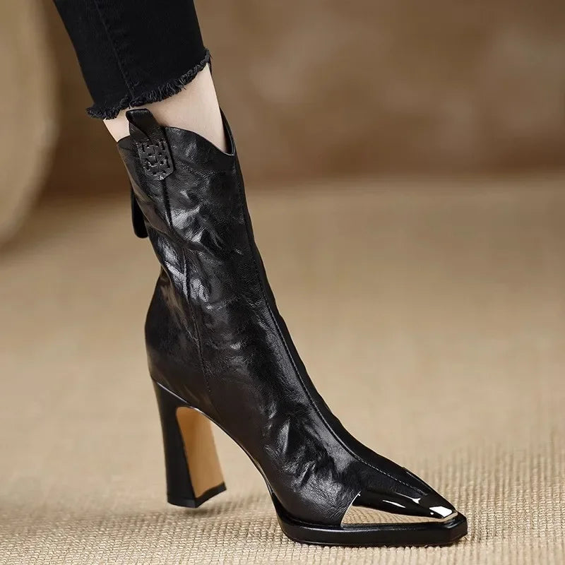 Pointed-Toe Ankle Boots with Block Heel & Metal Cap Toe 3