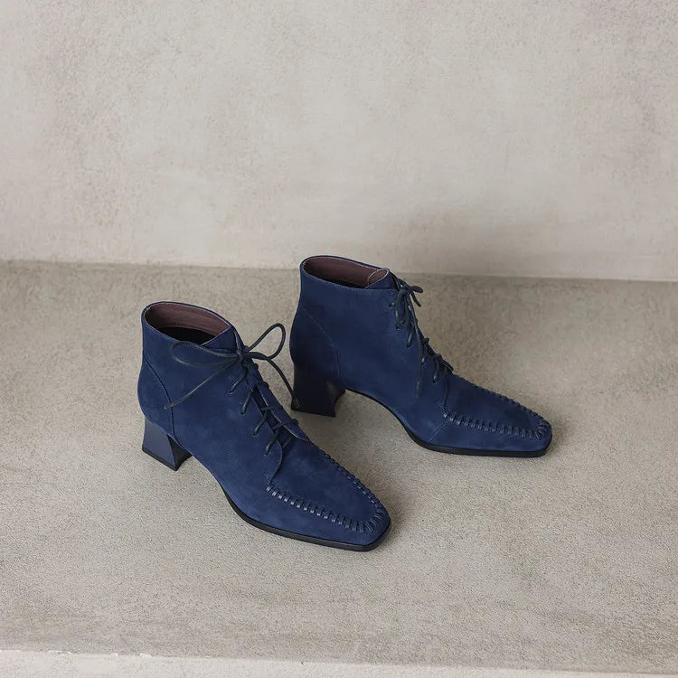 Suede Lace-Up Ankle Boot — Square Toe Low Block Heel 5