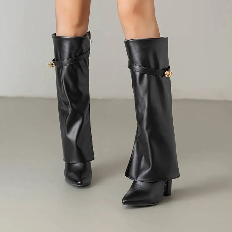 Square Heel Knee-High Boots — Pointed Toe & Metal Strap 4