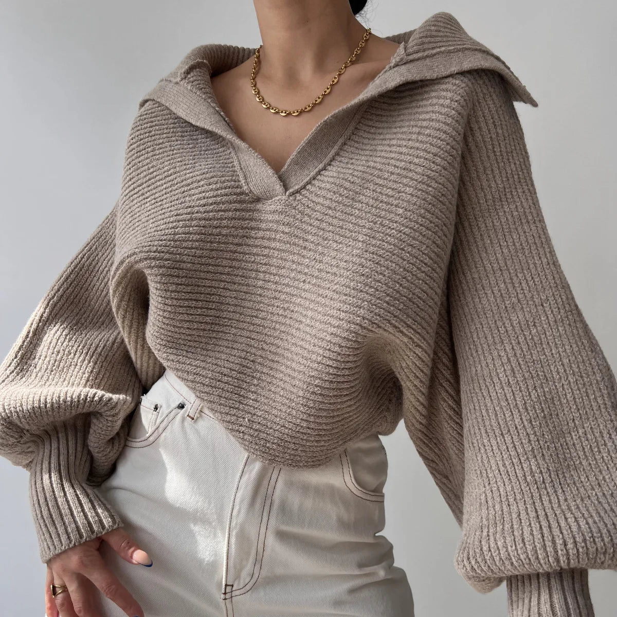 Ribbed Knit Sweater — Foldover Collar & Split Neckline 10