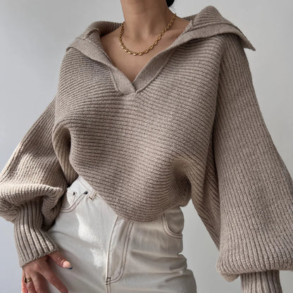 Ribbed Knit Sweater — Foldover Collar & Split Neckline 10