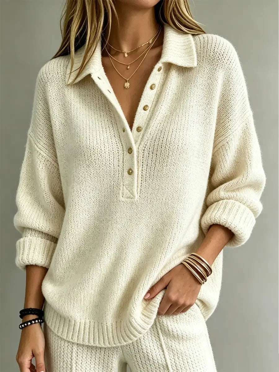 Button Neck Polo Sweater — Ribbed Dropped Shoulder Knit 1