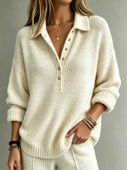 Button Neck Polo Sweater — Ribbed Dropped Shoulder Knit 1