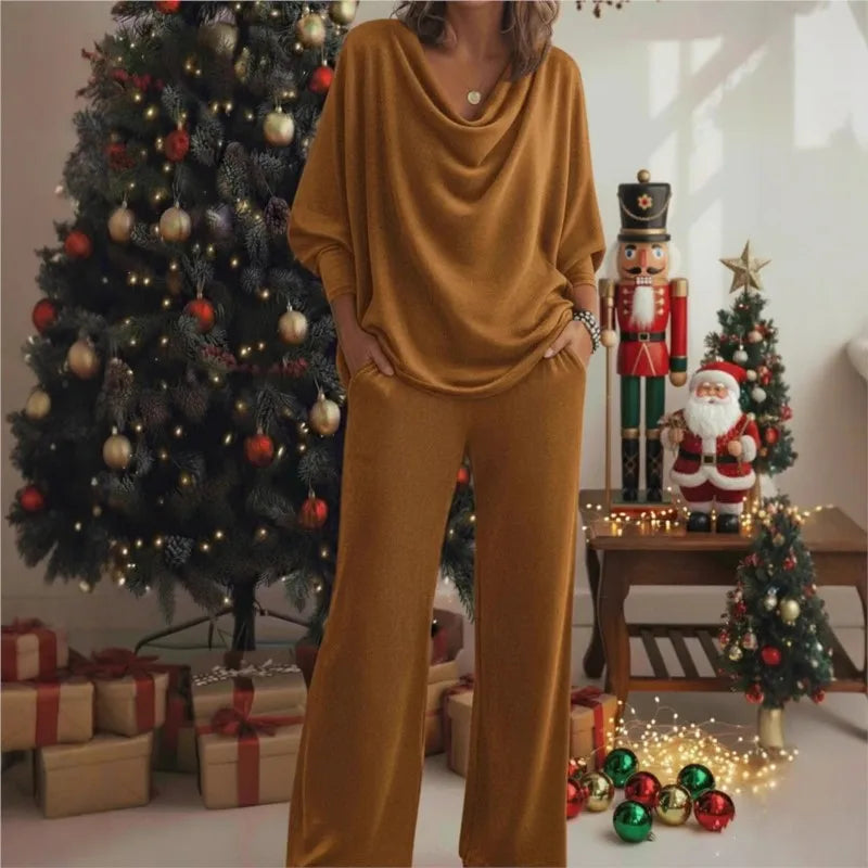 Cowl Neck Knit Two-Piece Set — Batwing Wide Leg Pants 2