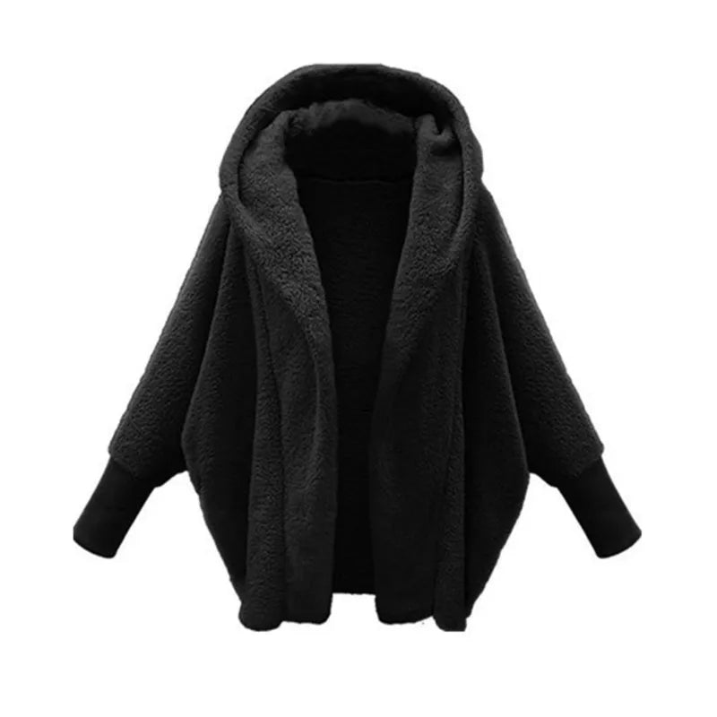 Open Front Fleece Coat — Oversized Hooded Batwing Women 3