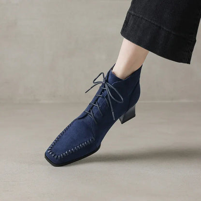 Suede Lace-Up Ankle Boot — Square Toe Low Block Heel 7