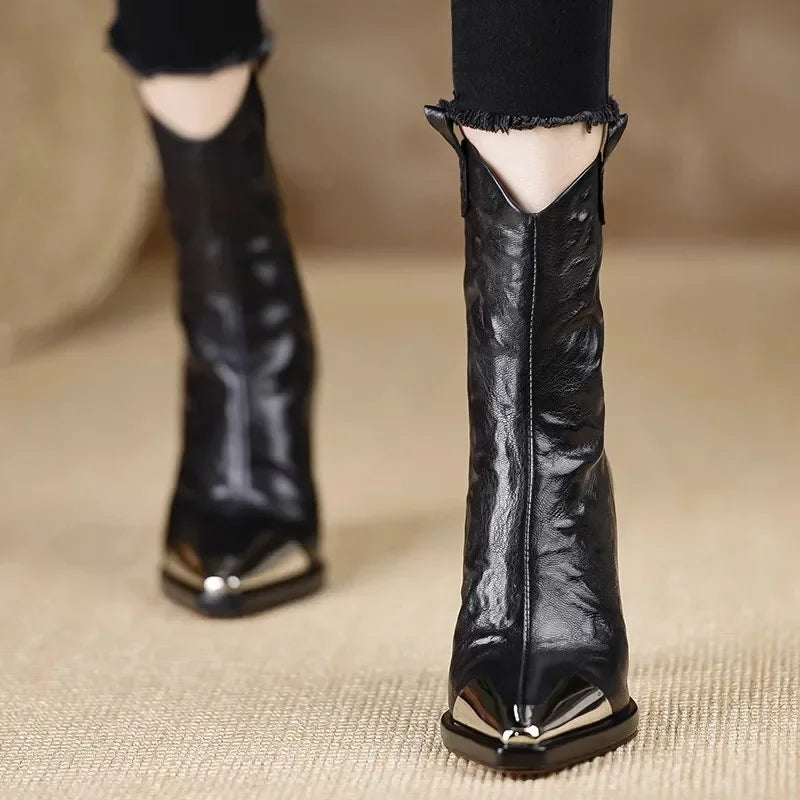 Pointed-Toe Ankle Boots with Block Heel & Metal Cap Toe 2
