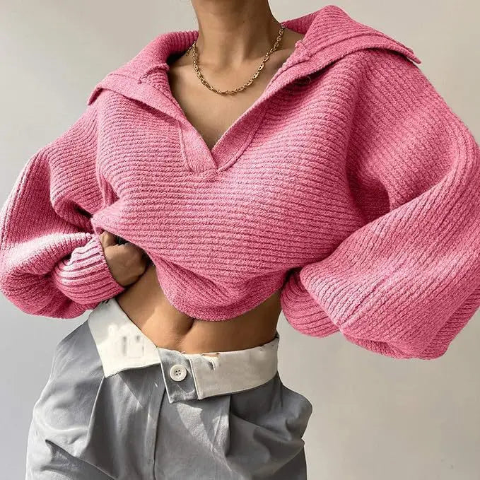 Ribbed Knit Sweater — Foldover Collar & Split Neckline 1