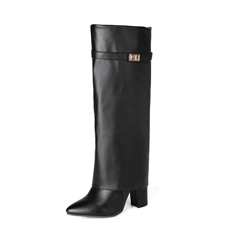 Square Heel Knee-High Boots — Pointed Toe & Metal Strap 8