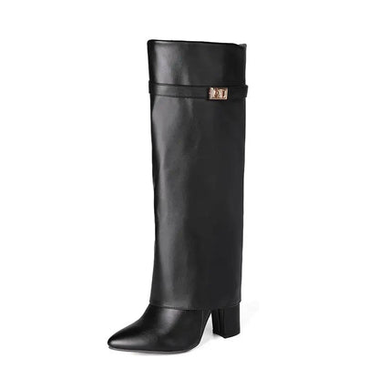 Square Heel Knee-High Boots — Pointed Toe & Metal Strap 8