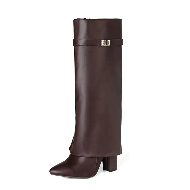 Square Heel Knee-High Boots — Pointed Toe & Metal Strap 7