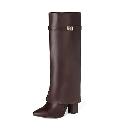 Square Heel Knee-High Boots — Pointed Toe & Metal Strap 7