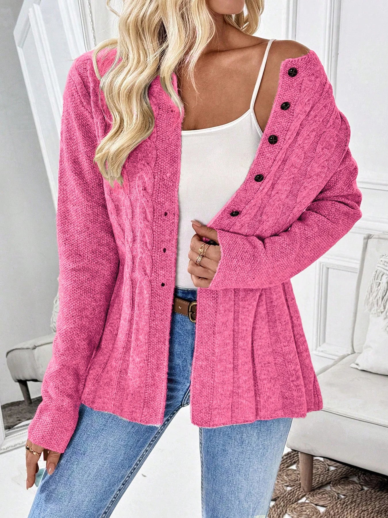 Ribbed Cable Knit Cardigan — Longline Cinched Waist Style 6