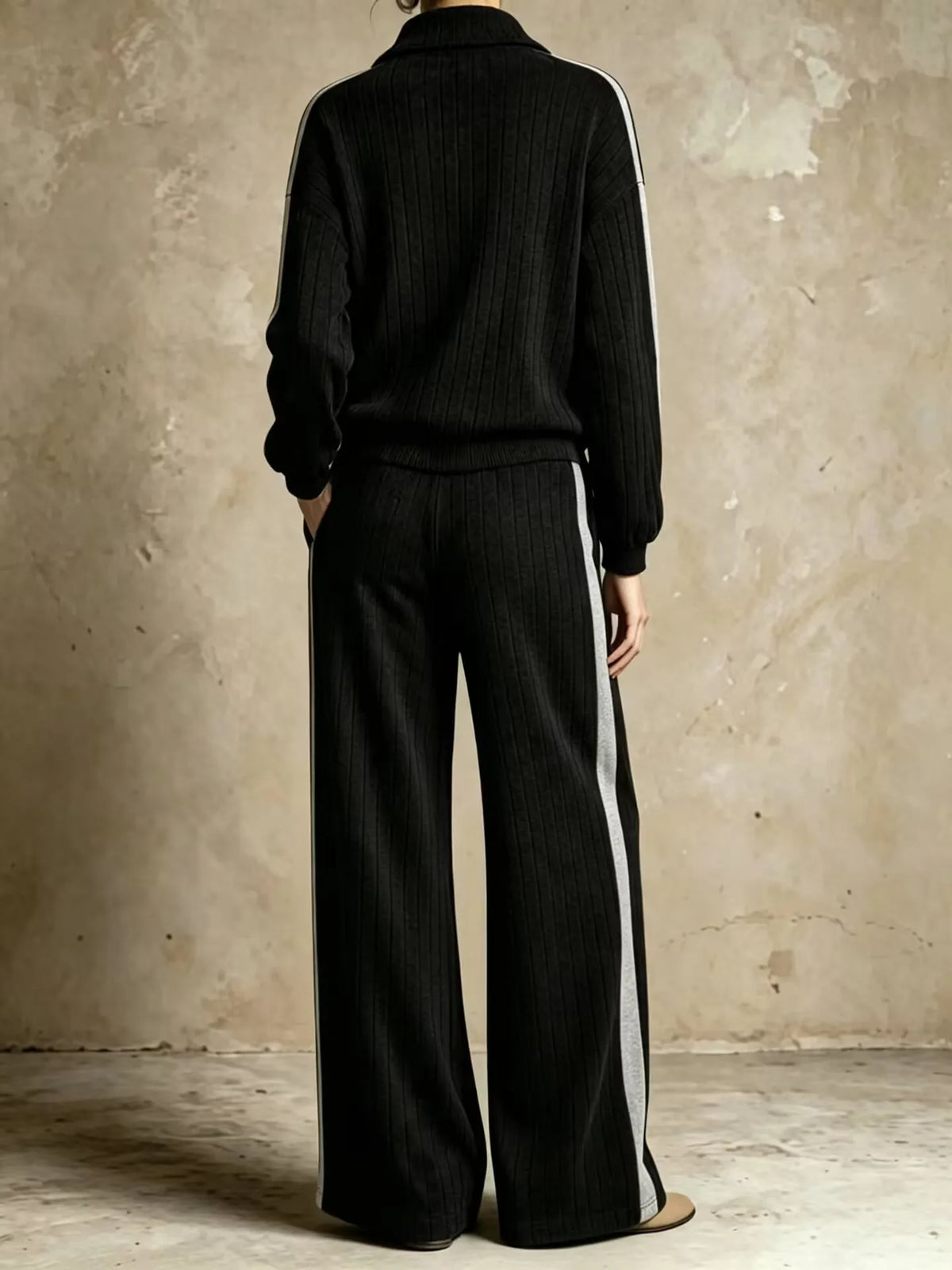 Ribbed Half Zip Two Piece Set — Wide Leg Knit Outfit 5