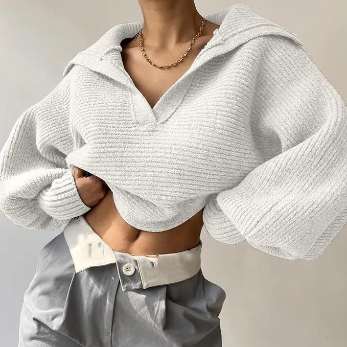 Ribbed Knit Sweater — Foldover Collar & Split Neckline 8