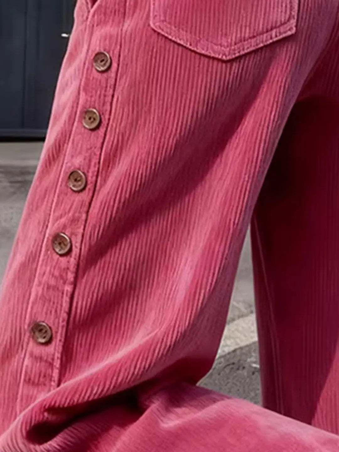 High-Rise Wide Leg Corduroy Pants — Side Button Detail 2
