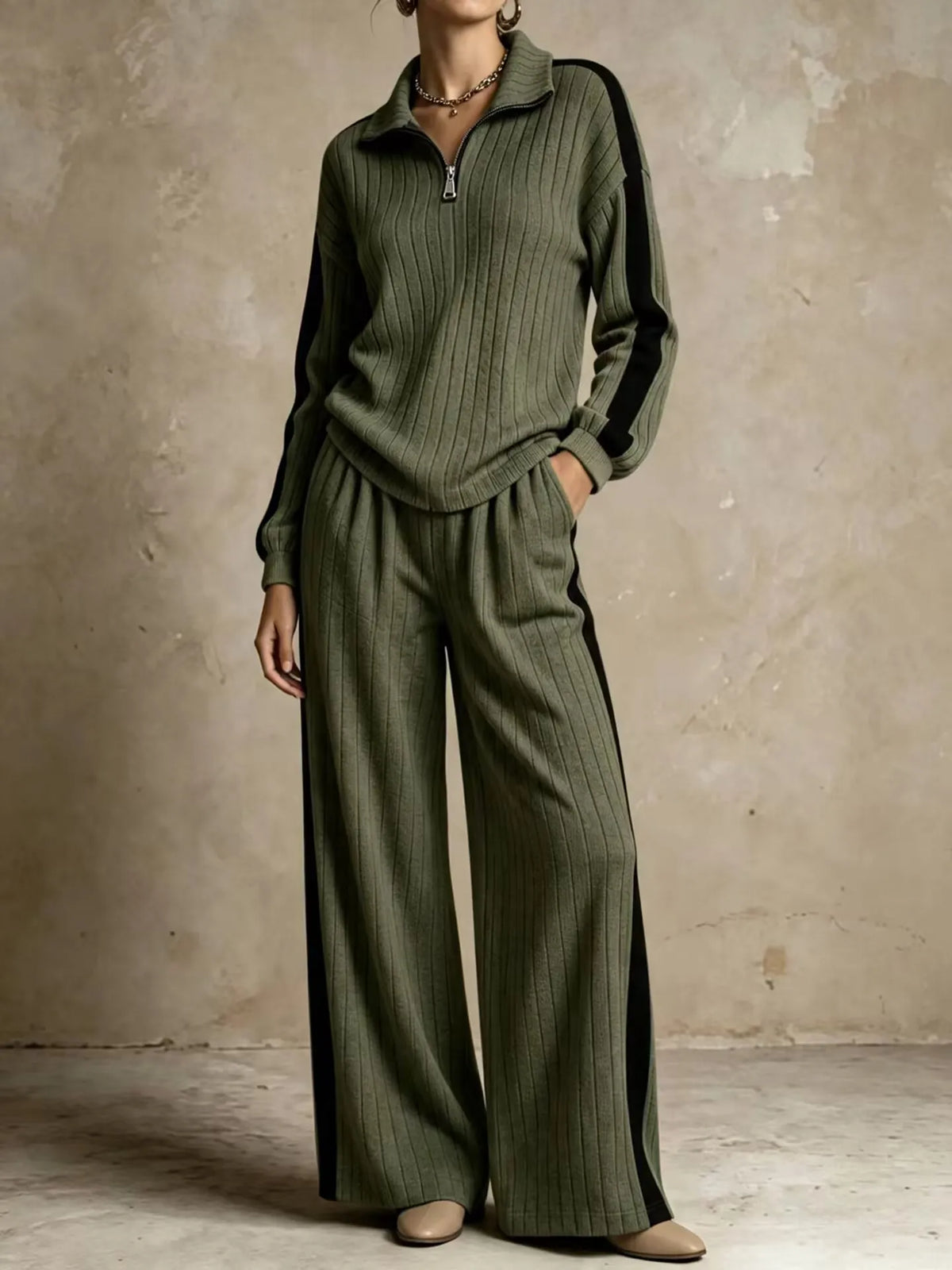 Ribbed Half Zip Two Piece Set — Wide Leg Knit Outfit 3