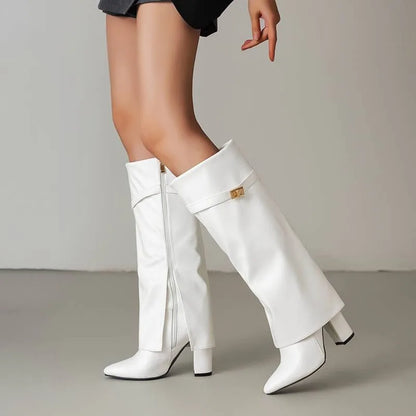Square Heel Knee-High Boots — Pointed Toe & Metal Strap 6