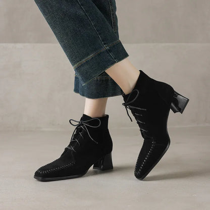 Suede Lace-Up Ankle Boot — Square Toe Low Block Heel 9