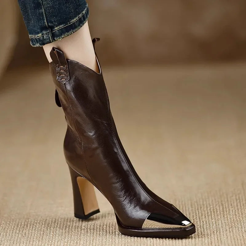 Pointed-Toe Ankle Boots with Block Heel & Metal Cap Toe 4