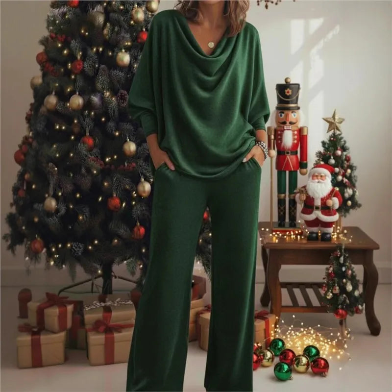 Cowl Neck Knit Two-Piece Set — Batwing Wide Leg Pants 4