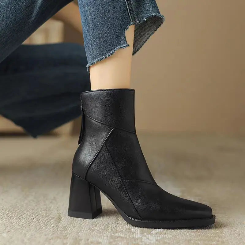 Meredith Leather Ankle Boots — Square Toe Block Heel 2