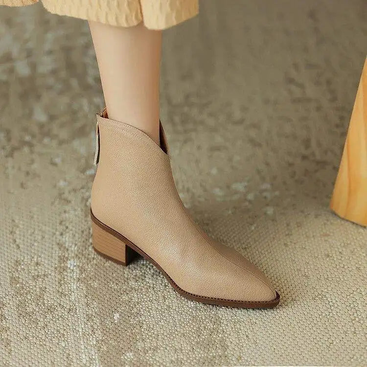 Vegan Leather Pointed Toe Ankle Boots — Slip-On Low Heel 8