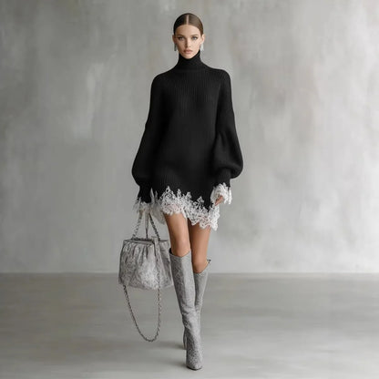Turtleneck Lace Sweater Dress — Balloon Sleeves A-Line Mini 2
