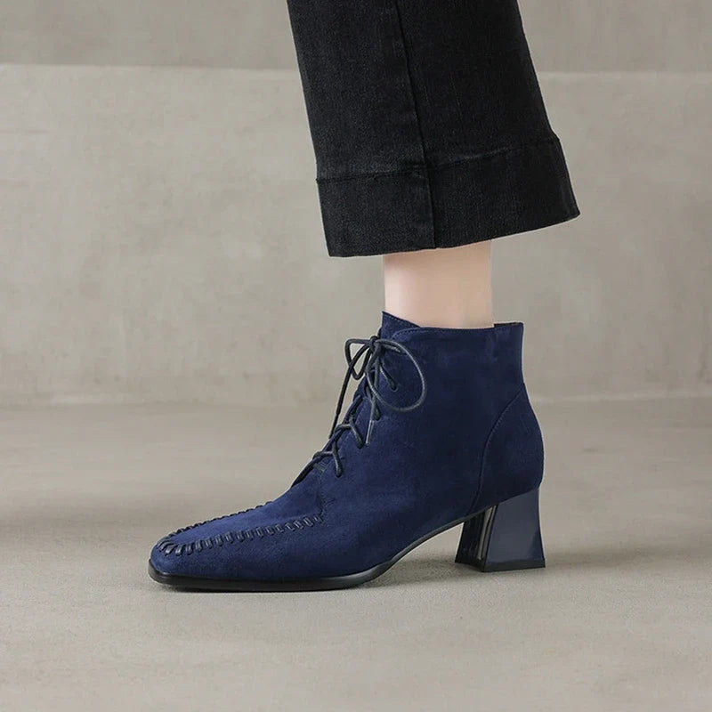 Suede Lace-Up Ankle Boot — Square Toe Low Block Heel 4