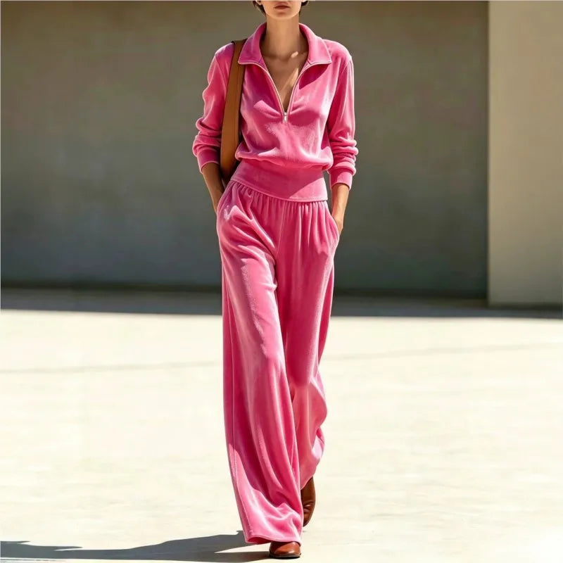 Velvet Half-Zip Tracksuit Set — Wide Leg Velour Outfit 3