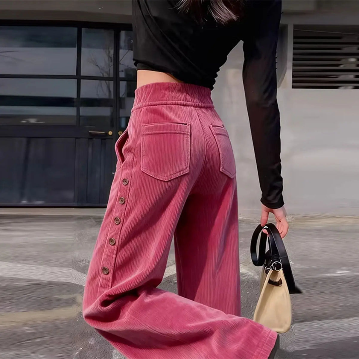 High-Rise Wide Leg Corduroy Pants — Side Button Detail 1